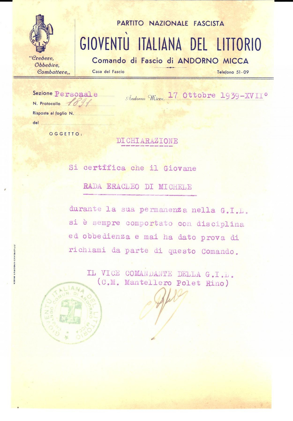 Documento originale, autentico 1939 PNF GIL ANDORNO MICCA TO Buona condotta di Eracleo RADA Documento 1