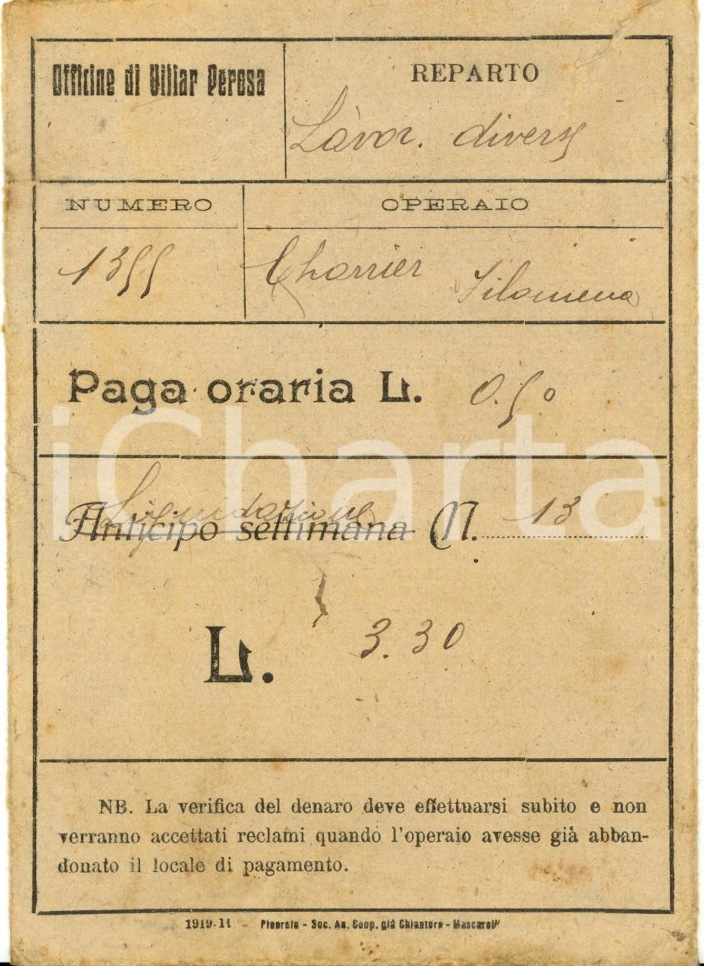 Documento originale, autentico 1920 ca OFFICINE DI VILLAR PEROSA TO Liquidazione Filomena CHARRIER Busta 1
