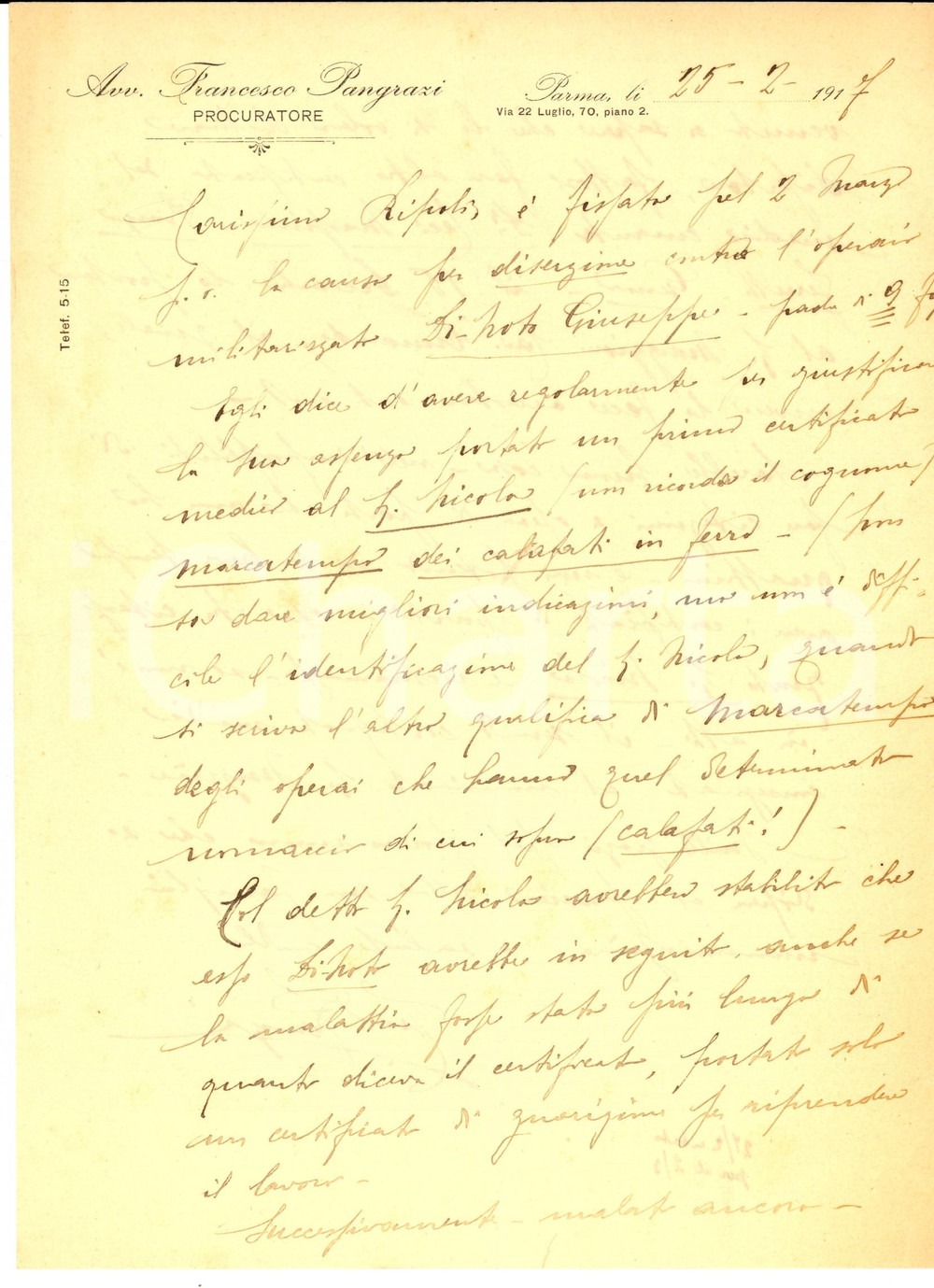Manoscritto, lettera originale 1917 PARMA Avv. Francesco PANGRAZI difende presunto disertore Giuseppe DI NOTO 1