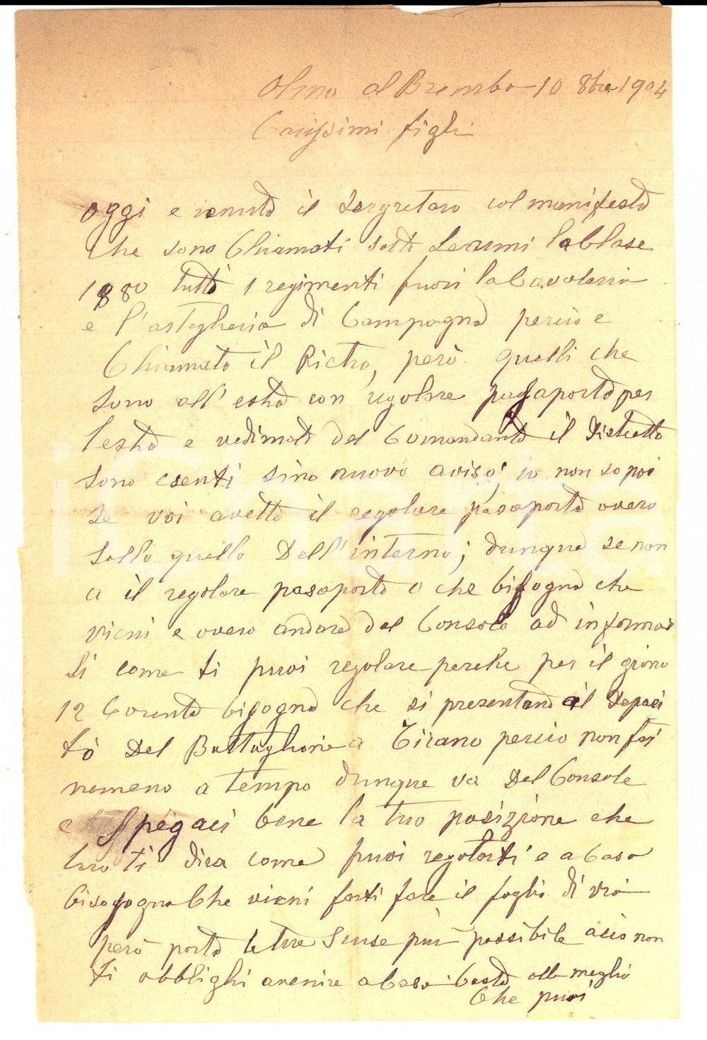 Manoscritto, lettera originale 1904 OLMO AL BREMBO BG Cesare GOGLIO consiglia ai figli di recarsi dal console 1