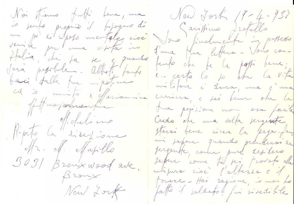 Manoscritto, lettera originale 1937 NEW YORK USA Michele MUSILLO costretto a emigrare per aiutare la famiglia 1