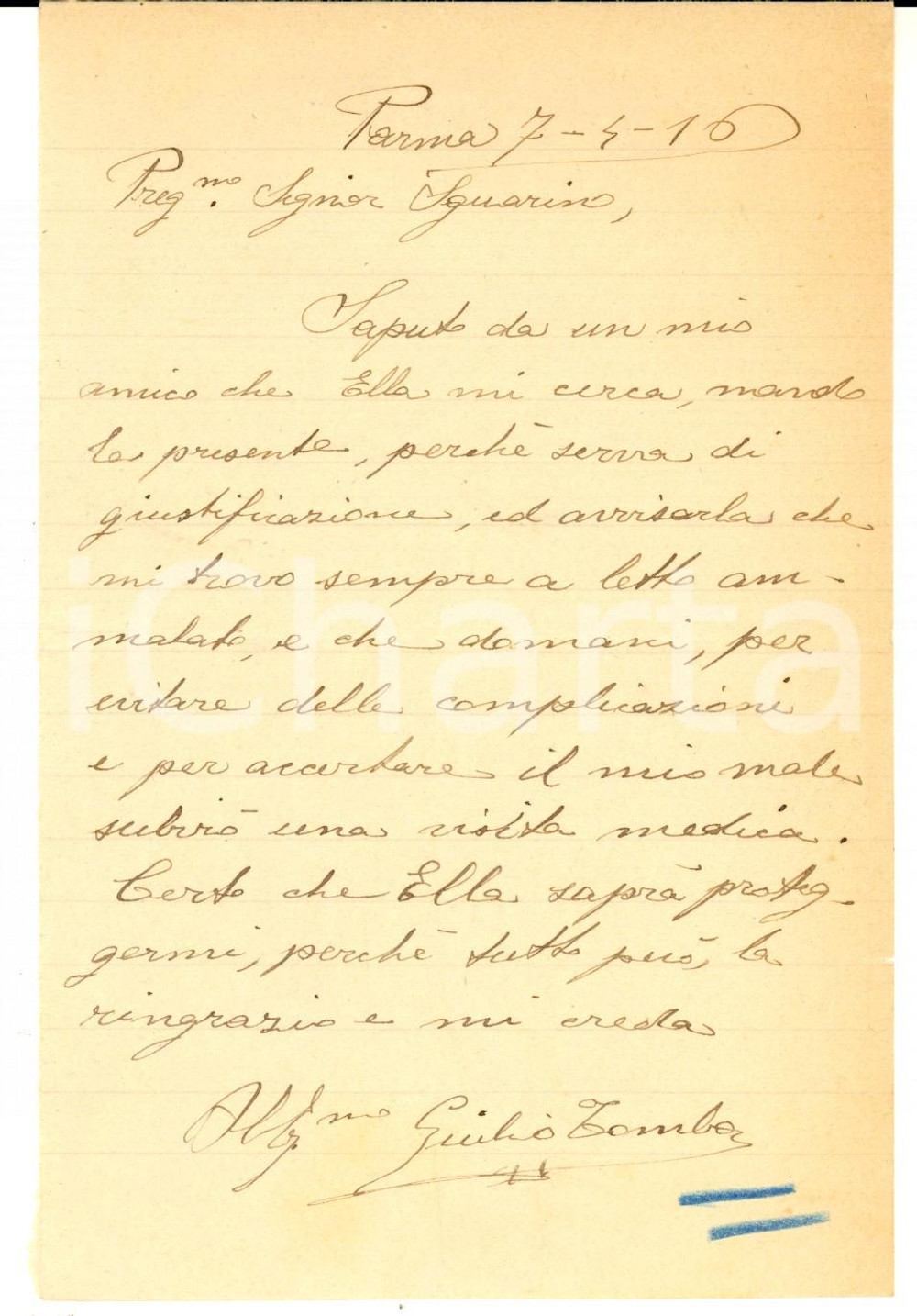 Manoscritto, lettera originale 1916 PARMA Giulio TOMBA si giustifica perchÃ© a letto ammalato Lettera 1