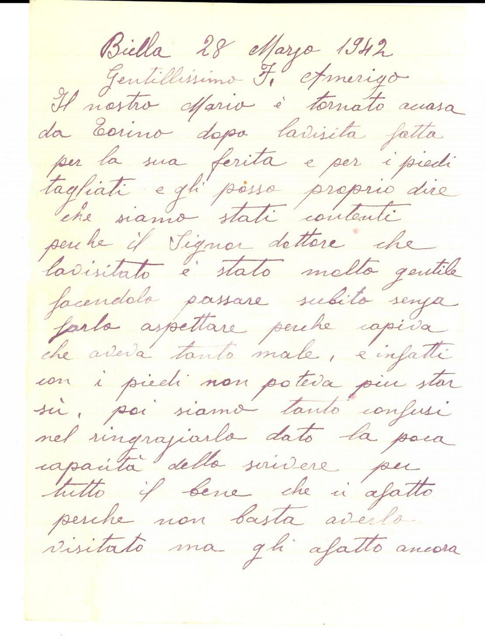 Manoscritto, lettera originale 1942 WW2 BIELLA Pinot e Maria TRINCHERO al ritorno del figlio ferito in Albania 1