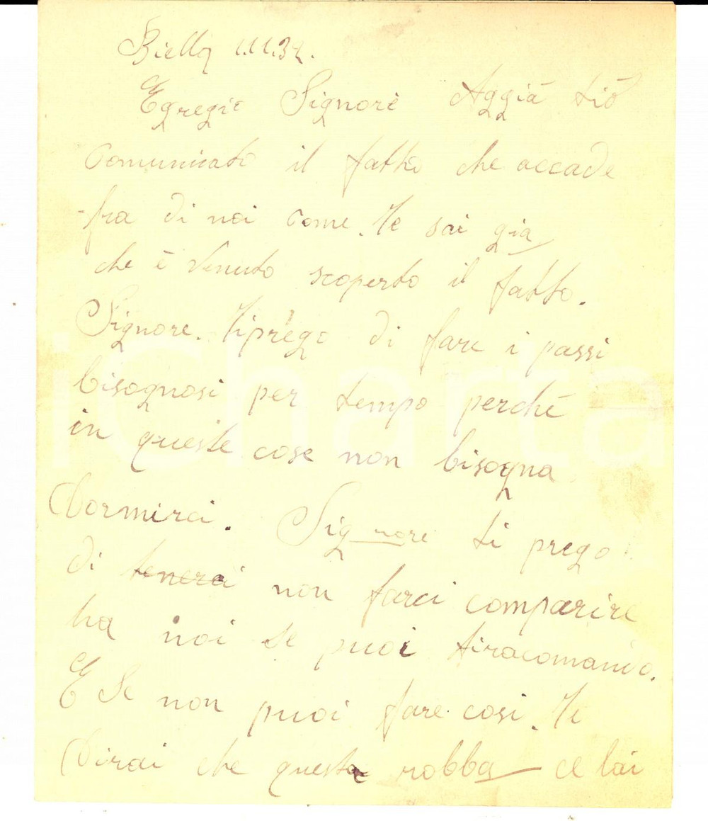 Manoscritto, lettera originale 1932 BIELLA Francesco MARZIALE sospettato di furto si accorda con un amico 1