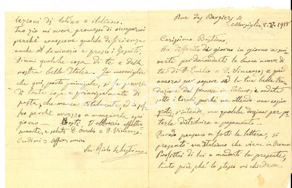 Documento originale, autentico 1918 MARSEILLE F Don Sebastiano RIOLO non trova un occupazione dignitosa 1