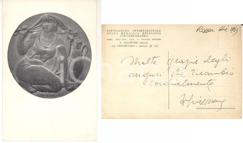 Autografo originale 1963 ROMA Expo Medaglia  Francesco GIANNONE La samaritana Cartolina AUTOGRAFO 1
