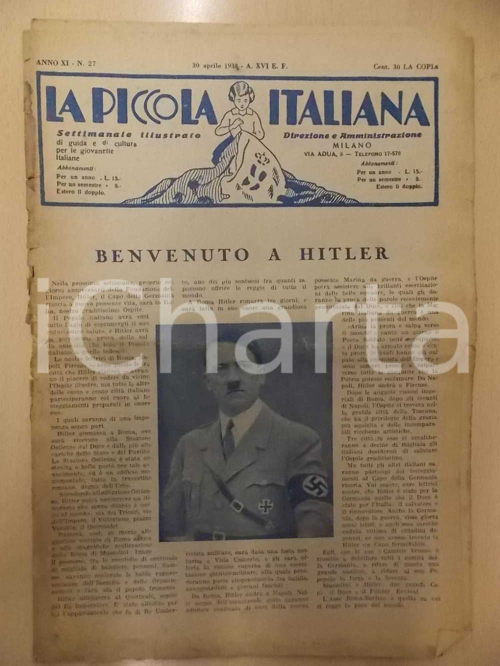 Giornale, rivista storica 1938 LA PICCOLA ITALIANA 27 Adolf HITLER in visita a ROMA Rivista DANNEGGIATA 1