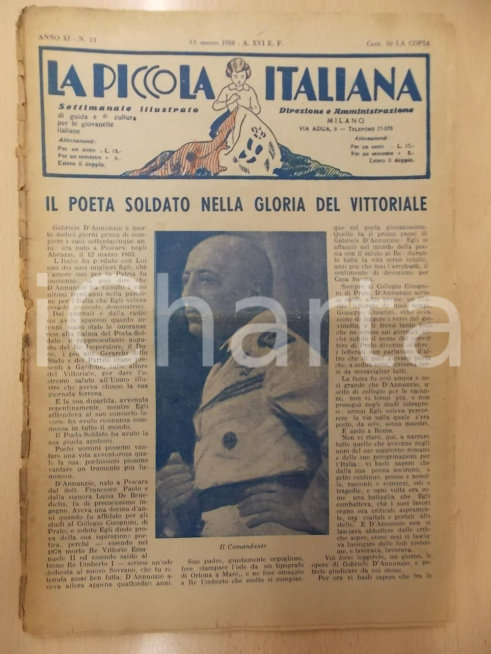Giornale, rivista storica 1938 LA PICCOLA ITALIANA 21 Morte di Gabriele D ANNUNZIO Rivista DANNEGGIATA 1