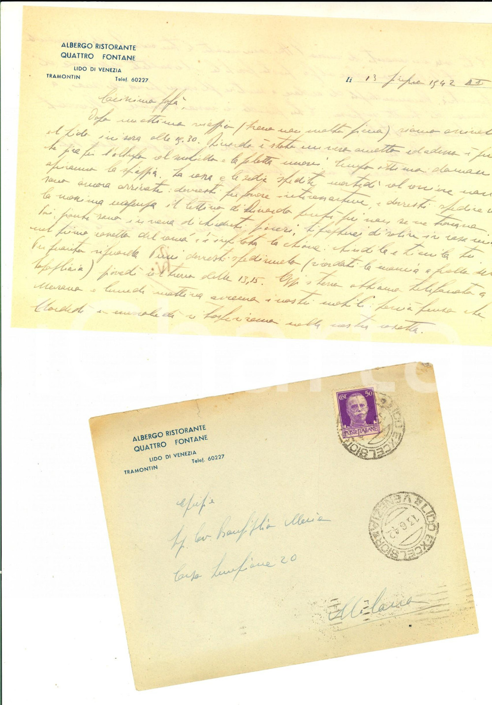 Manoscritto, lettera originale 1942 VENEZIA Albergo QUATTRO FONTANE Lettera al cav. Mario BONFIGLIO dal figlio 1