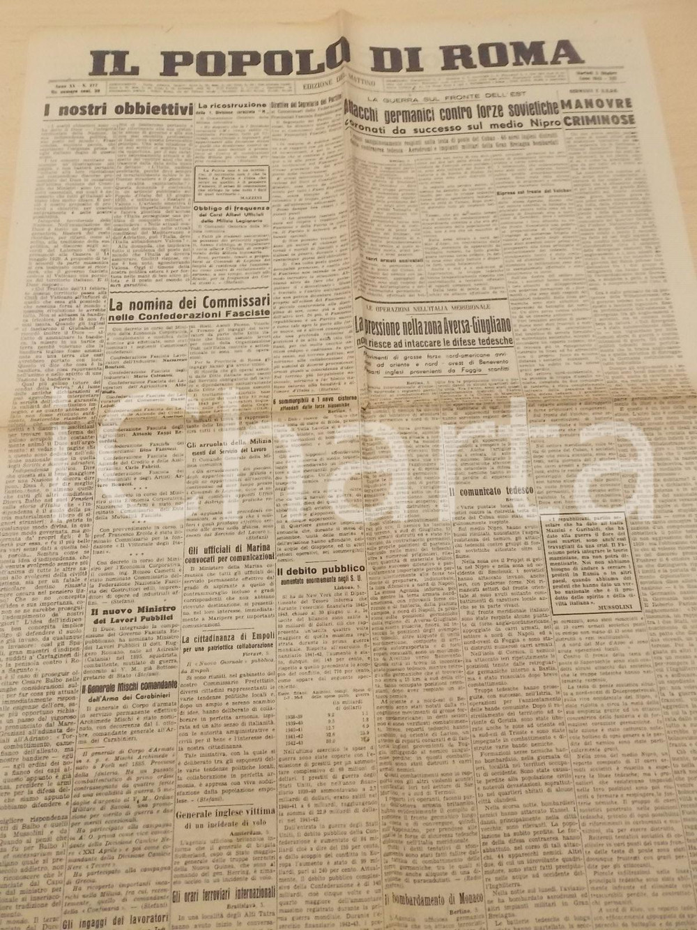 Giornale, rivista storica 1943 WW2 IL POPOLO DI ROMA RSI Pressione in zona AVERSA  GIUGLIANO Giornale 1
