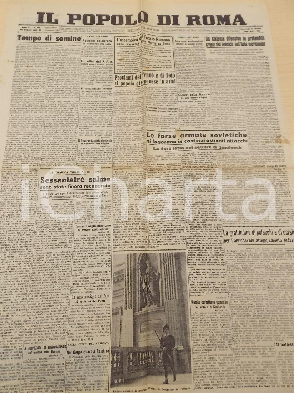 Giornale, rivista storica 1943 WW2 IL POPOLO DI ROMA RSI Recupero salme dalla foiba di VINES Giornale 1