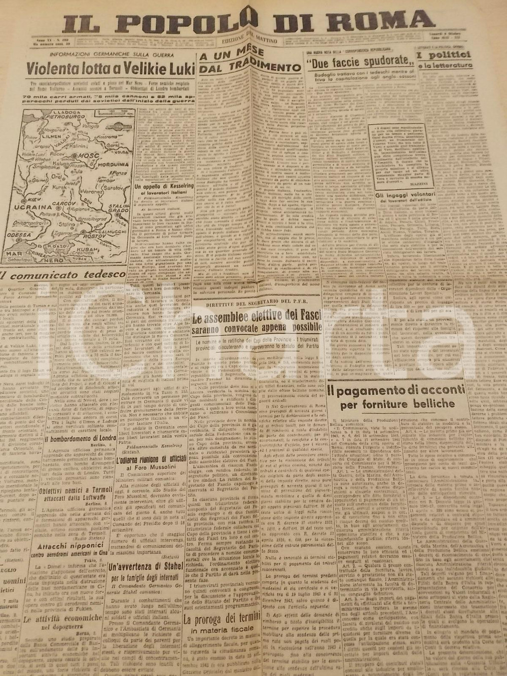 Giornale, rivista storica 1943 WW2 IL POPOLO DI ROMA Violenta lotta a VELIKIE LUKI Giornale anno XX 280 1