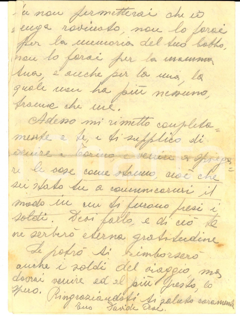 Manoscritto, lettera originale 1936 TORINO Davide ORSI accusato di furto da un amico commilitone Lettera 1