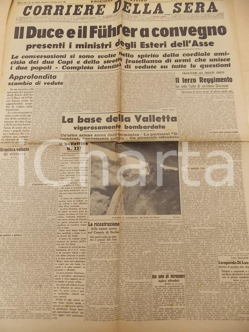 Documento originale, autentico 1941 CORRIERE DELLA SERA Il Duce e il Fuhrer a convegno  LA VALLETTA bombardata 1
