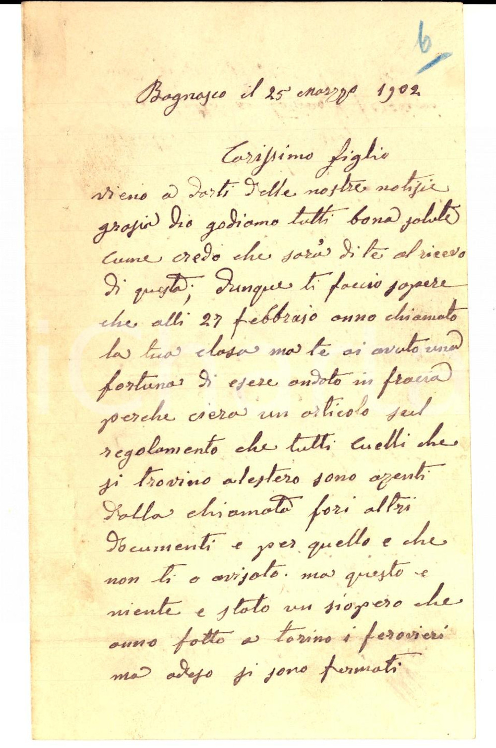 Manoscritto, lettera originale 1902 BAGNASCO CN Pietro GALLO e lo sciopero dei ferrovieri di Torino 1