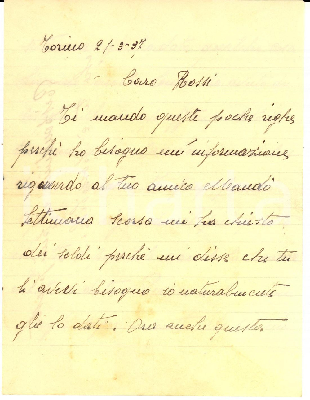 Manoscritto, lettera originale 1937 TORINO Ambrogio GALIMBERTI teme il raggiro ai danni di un amico Lettera 1