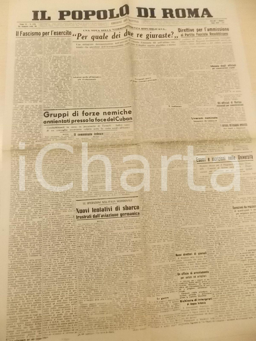 Giornale, rivista storica 1943 WW2 IL POPOLO DI ROMA RSI Sul tradimento di Vittorio Emanuele III Giornale 1