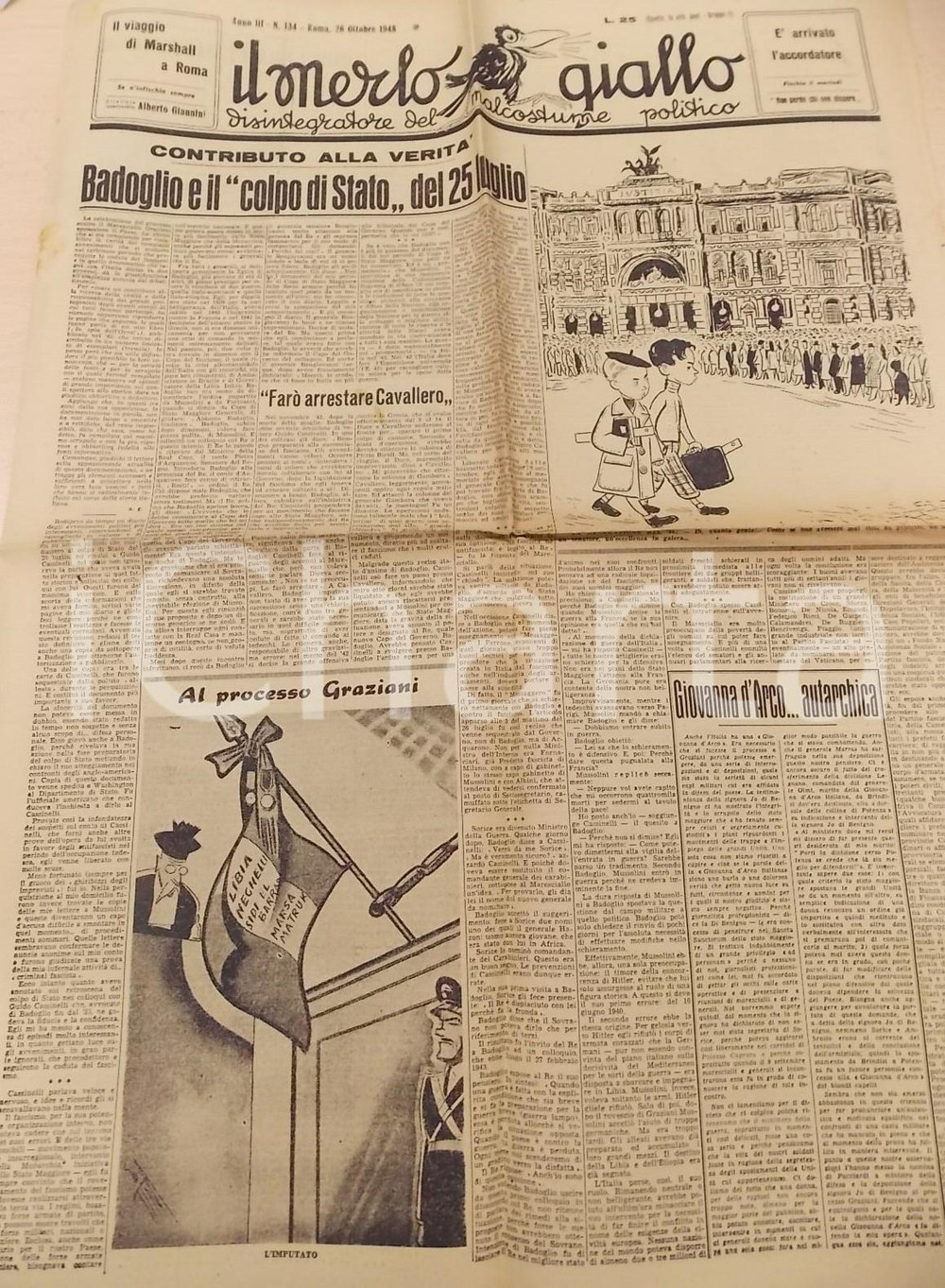 Giornale, rivista storica 1948 IL MERLO GIALLO BADOGLIO e il colpo di Stato  Giornale anno III n° 134 1