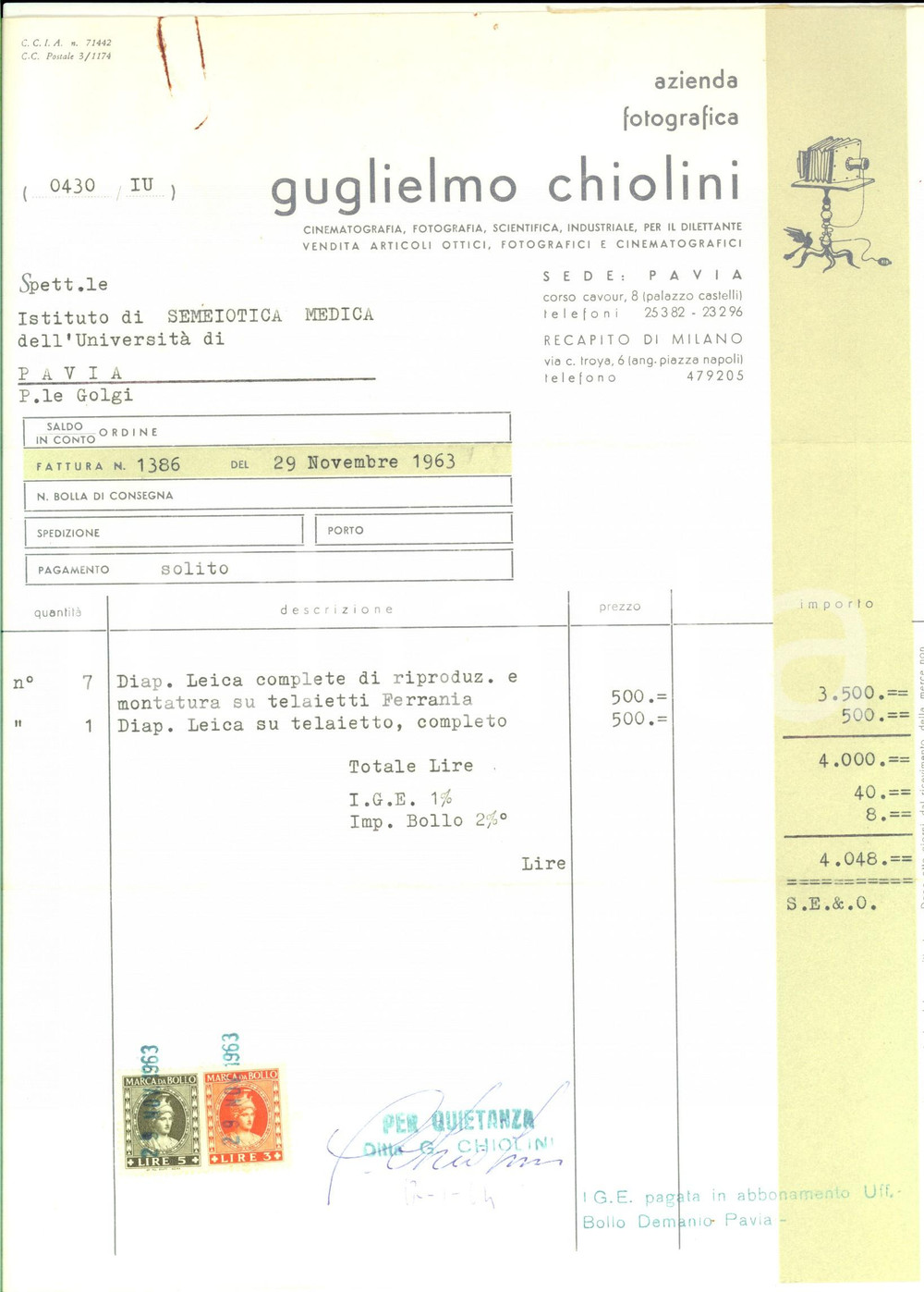 Documento originale, autentico 1963 PAVIA Azienda fotografica Guglielmo CHIOLINI Fattura intestata 1
