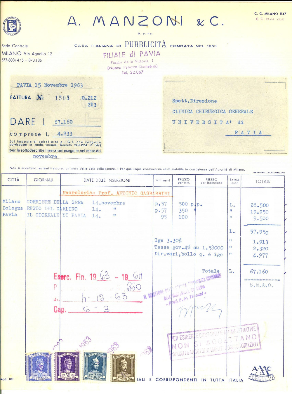 Documento originale, autentico 1963 PAVIA Casa italiana di pubblicitÃ  A. MANZONI & C. Fattura intestata 1