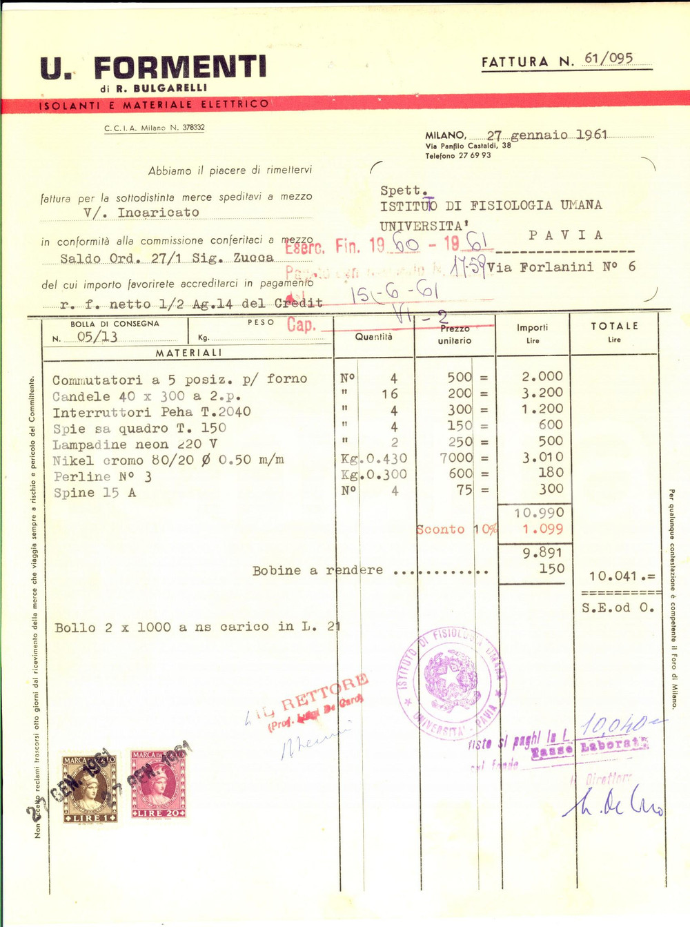 Documento originale, autentico 1961 MILANO Ditta U. FORMENTI Isolanti e materiale elettrico Fattura intestata 1