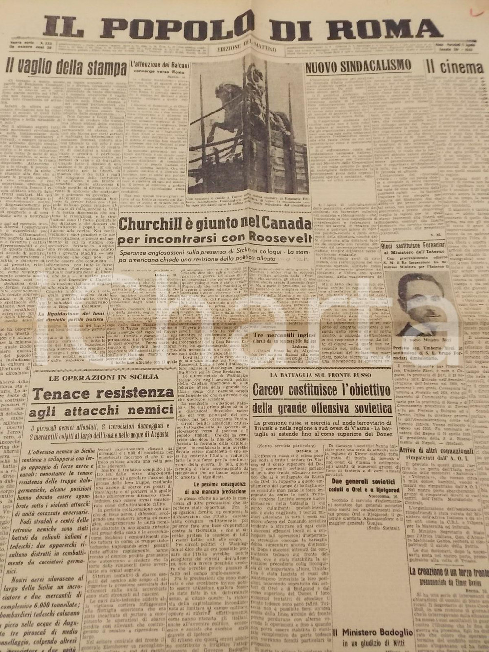Giornale, rivista storica 1943 WW2 IL POPOLO DI ROMA RSI Arrivo di CHURCHILL in Canada Giornale 1