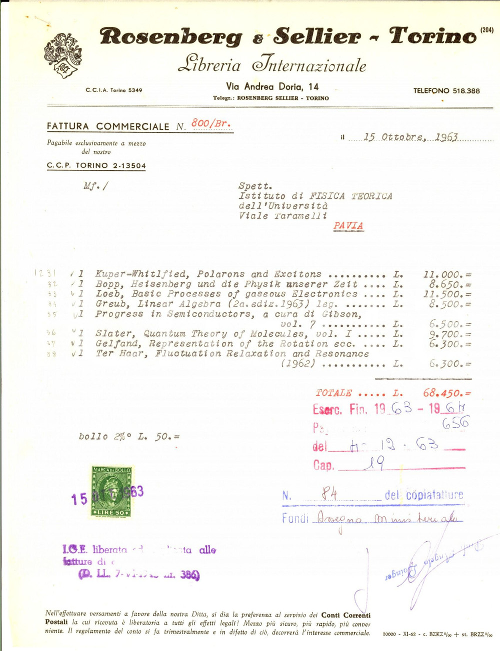 Documento originale, autentico 1963 TORINO Libreria Internazionale ROSENBERG & SELLIER Fattura intestata 1