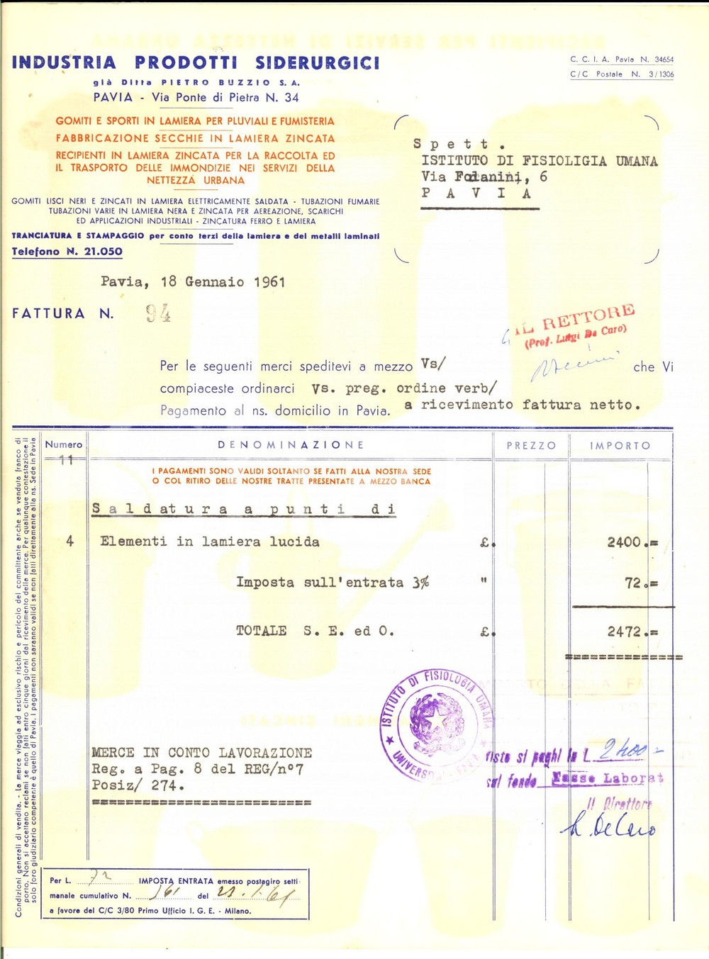 Documento originale, autentico 1961 PAVIA Industria Prodotti Siderurgici Fattura intestata elementi in lamiera 1