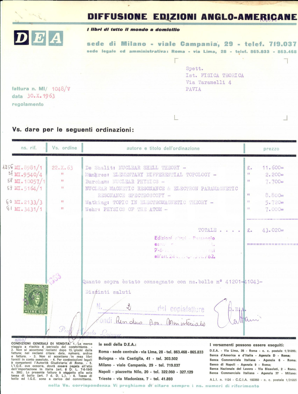 Documento originale, autentico 1963 PAVIA DEA Diffusione Edizioni AngloAmericane Fattura intestata 1
