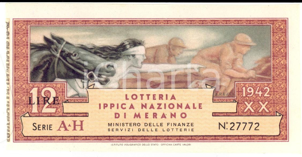 Documento originale, autentico 1942 MERANO BZ Grande lotteria ippica nazionale Biglietto dodici 12 lire 1