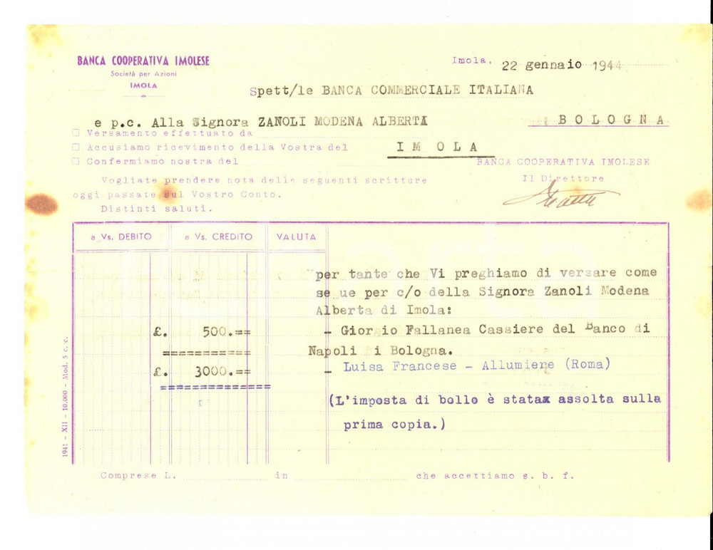 Documento originale, autentico 1944 IMOLA  Banca Cooperativa Imolese  Ricevuta di versamento 1