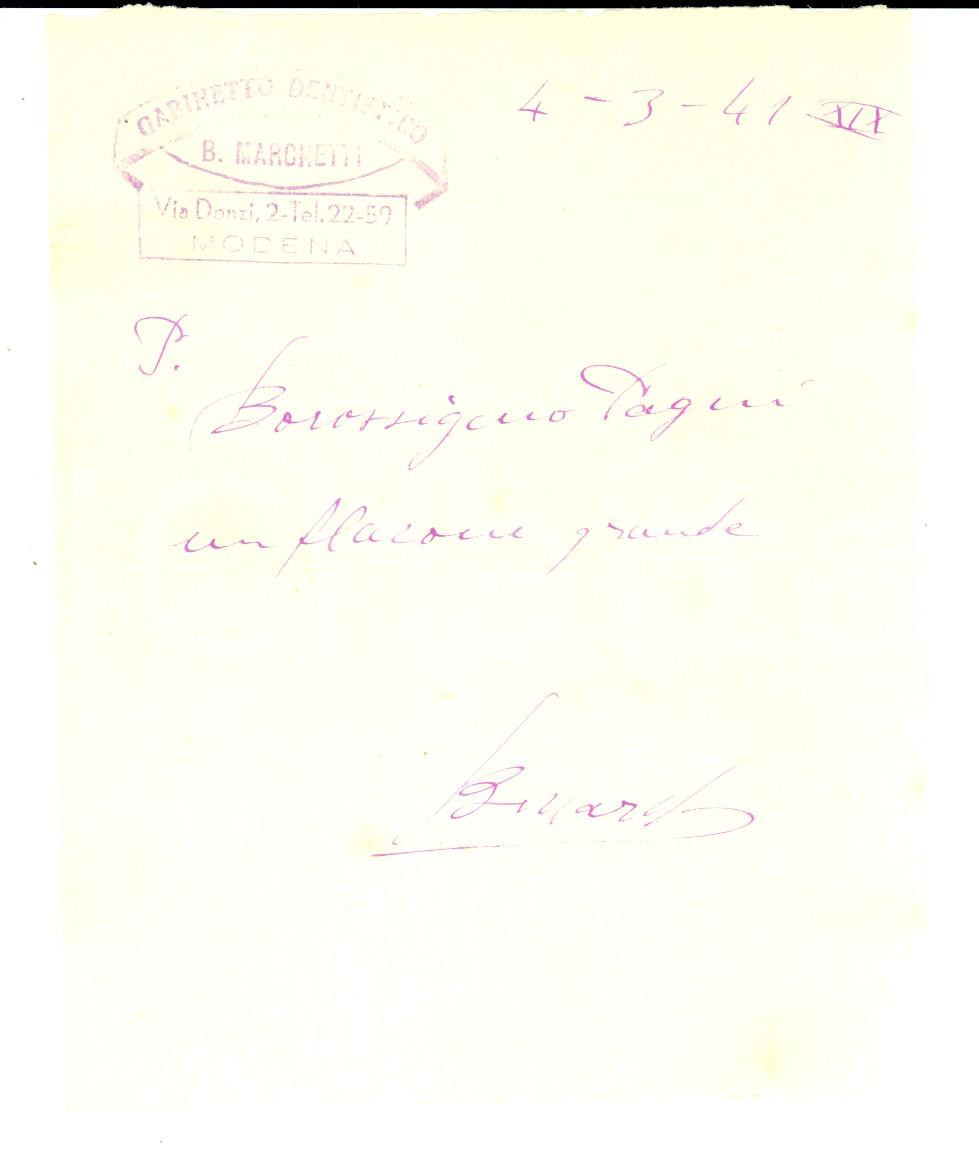 Documento originale, autentico 1941 MODENA Gabinetto dentistico B. MARCHETTI  Ricevuta 1