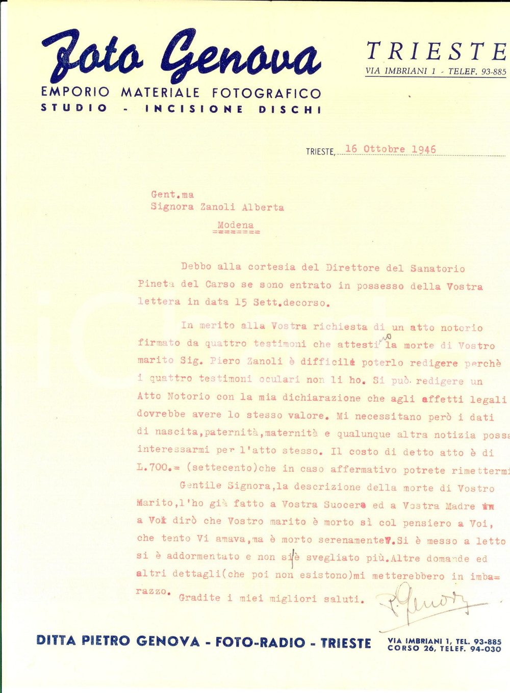 Documento originale, autentico 1946 TRIESTE FOTO GENOVA Emporio materiale fotografico  Lettera privata 1