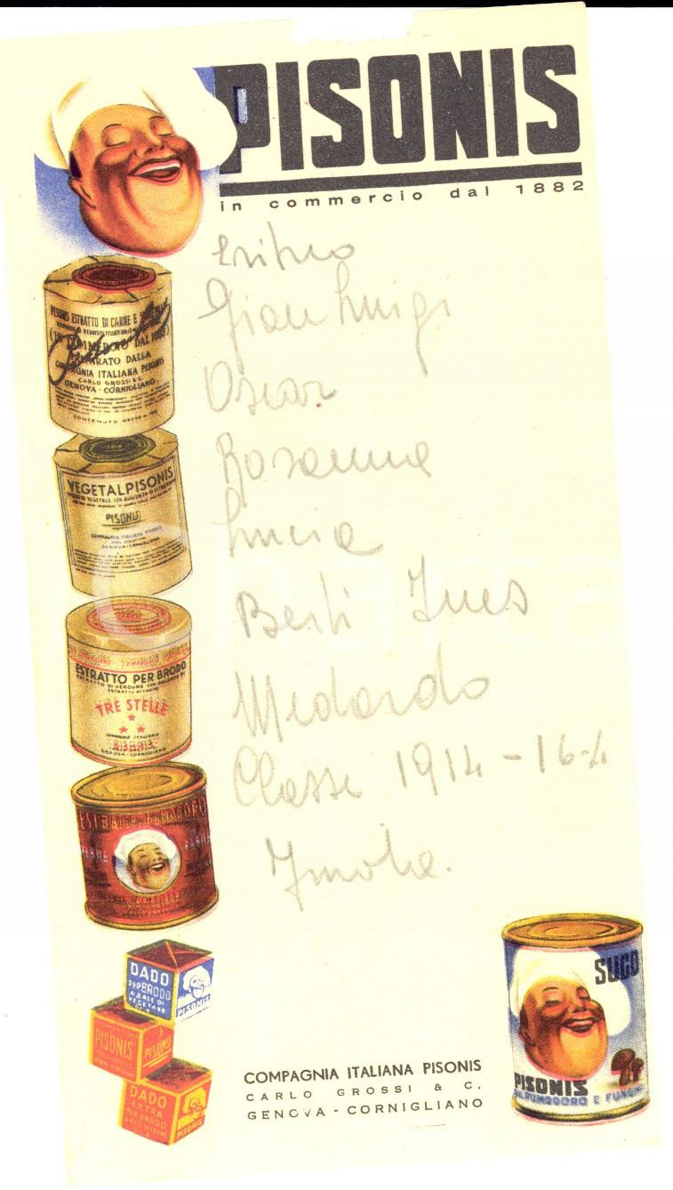 Documento originale, autentico 1940 ca GENOVA CORNIGLIANO Ditta PISONIS Alimentari  Ricevuta ILLUSTRATA 1