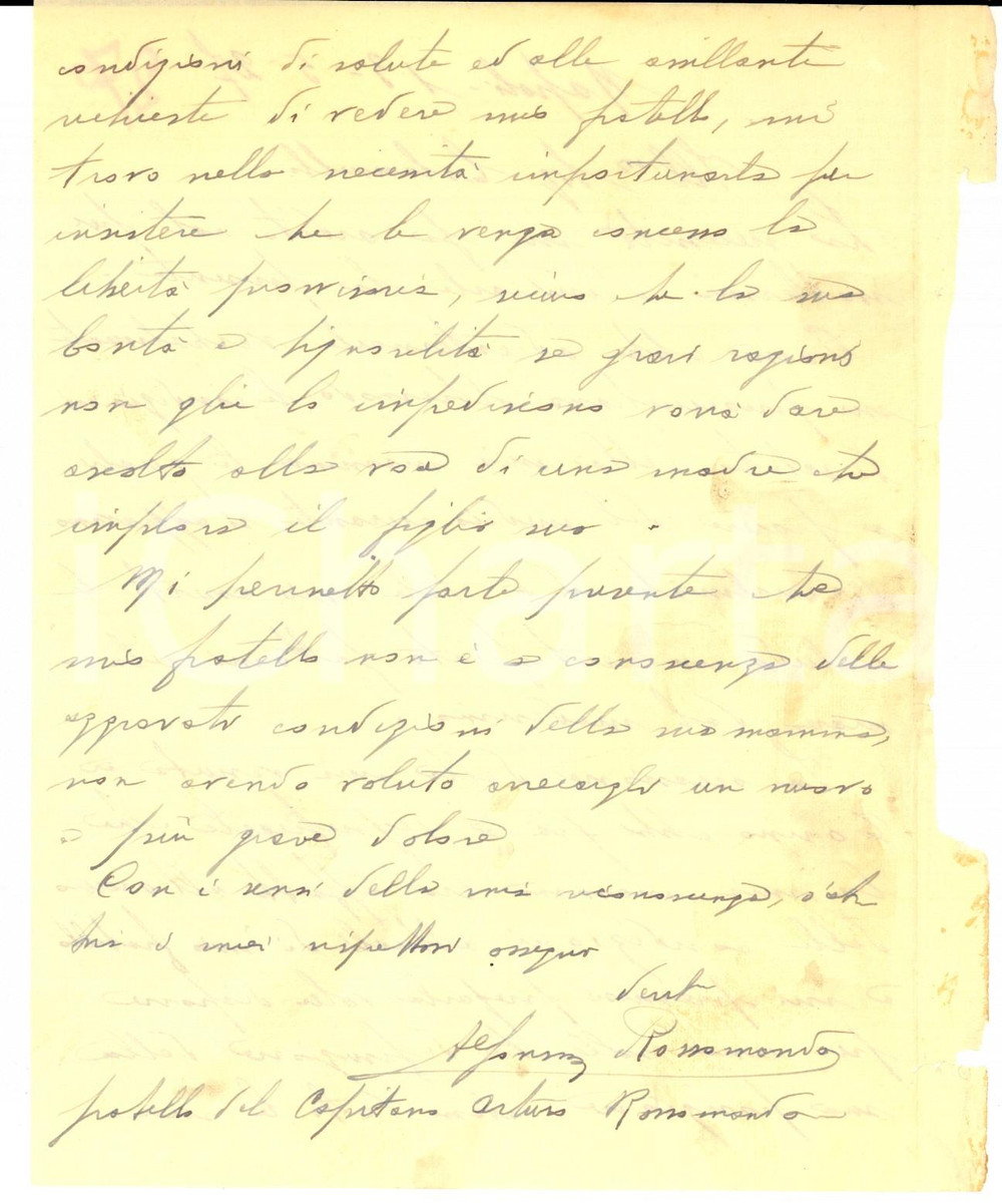 Manoscritto, lettera originale 1927 NAPOLI Alfonso ROSSOMANDO supplica la libertÃ  per il fratello in prigione 1