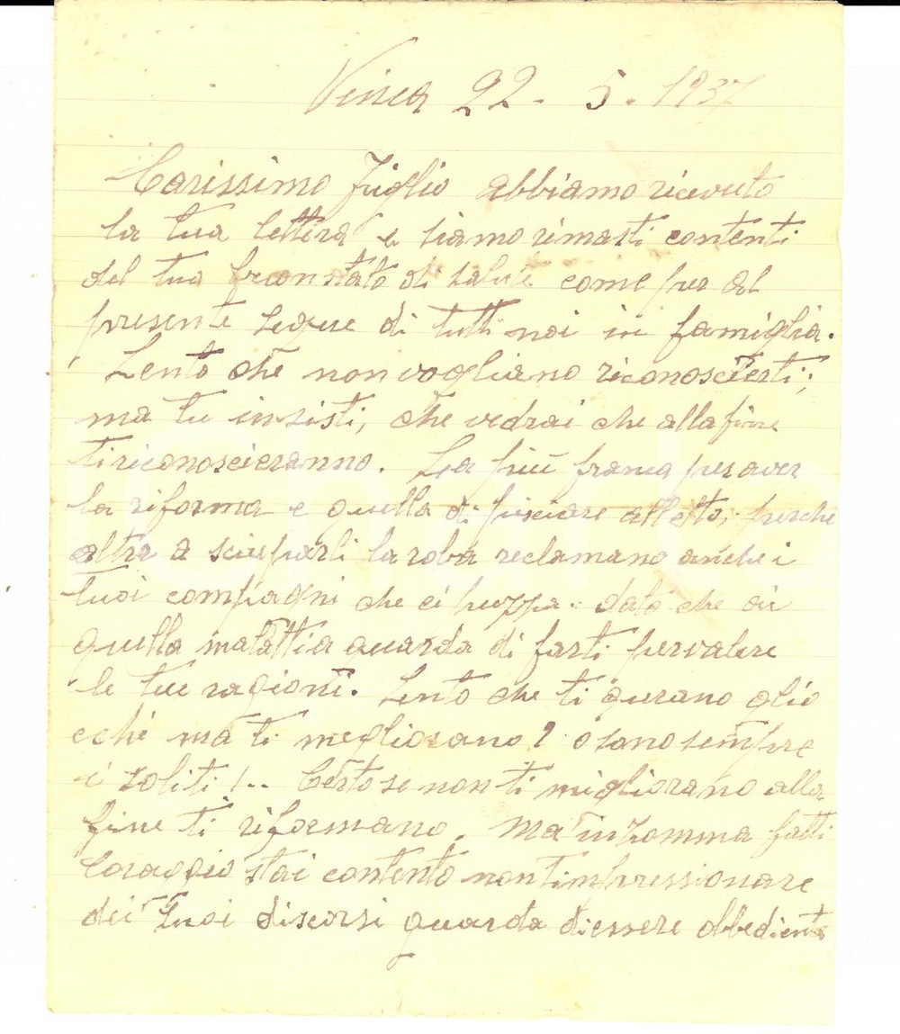 Manoscritto, lettera originale 1937 VINCA MS Consigli di un padre al figlio militare per essere riformato 1