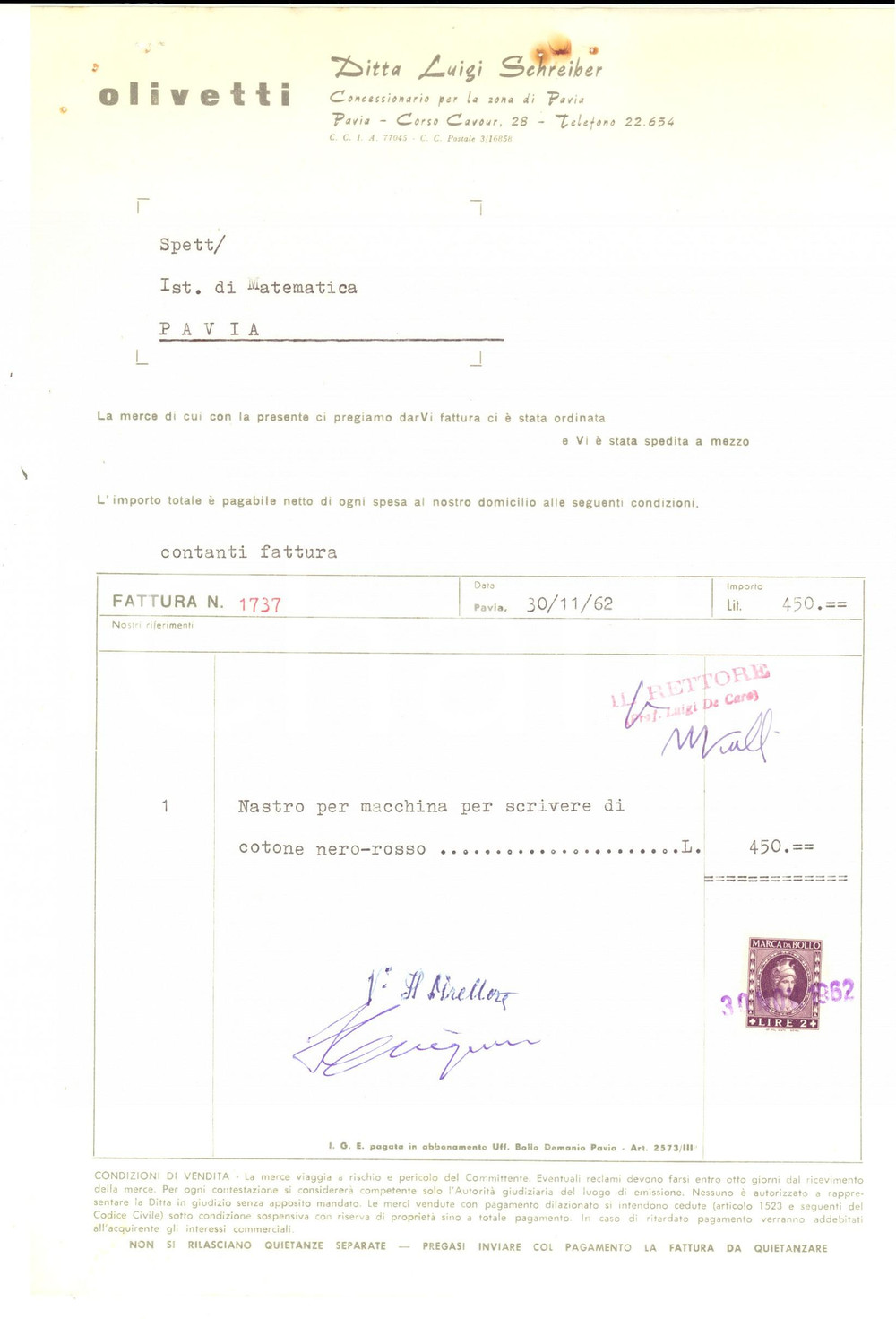 Documento originale, autentico 1962 PAVIA Ditta Luigi SCHREIBER Concessionario OLIVETTI Fattura intestata 1