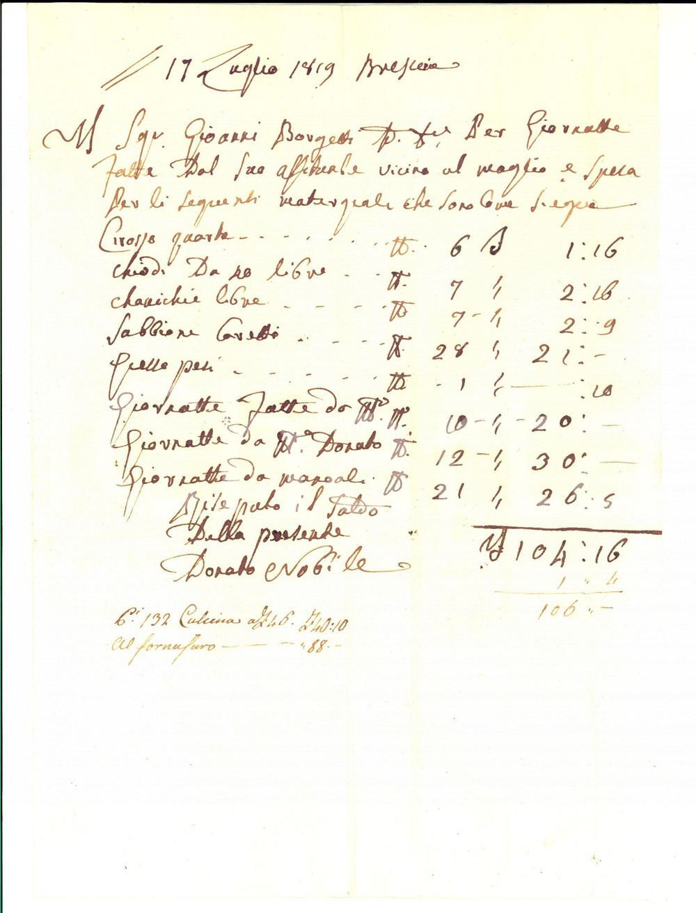 Documento originale, autentico 1819 BRESCIA Conto di Giovanni BORGHETTI per giornate fatte dal suo affittuale 1