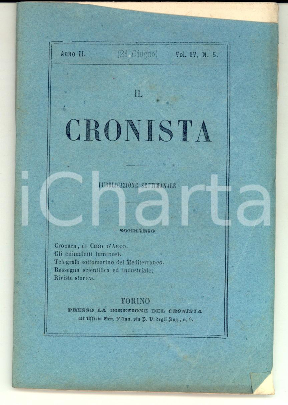 Giornale, rivista storica 1857 IL CRONISTA Pubblicazione CIRO D ARCO Telegrafo sottomarino Anno II nÂ°5 1