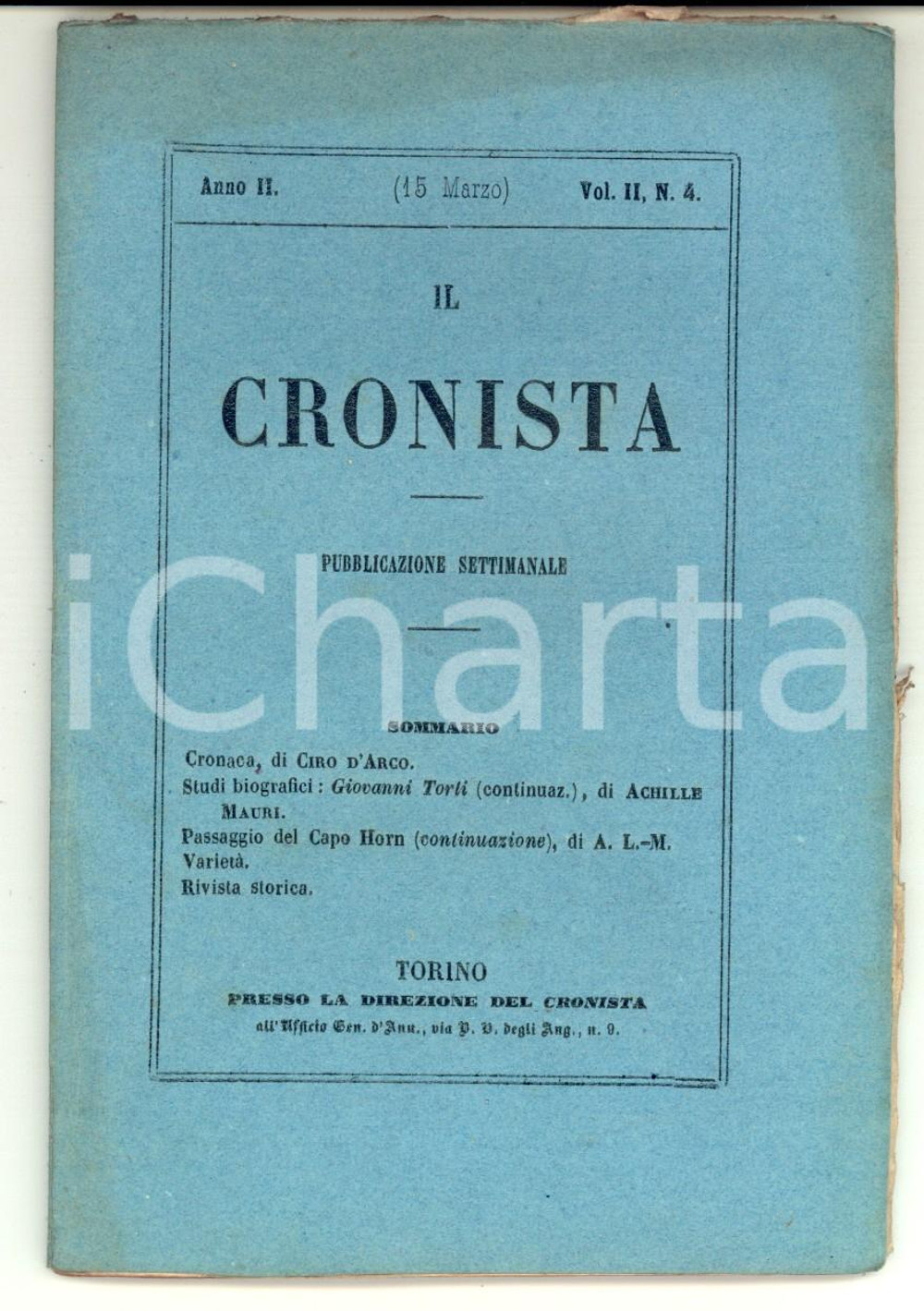 1857 IL CRONISTA Pubblicazione CIRO D'ARCO Biografia Giovanni TORTI *Anno II n°4