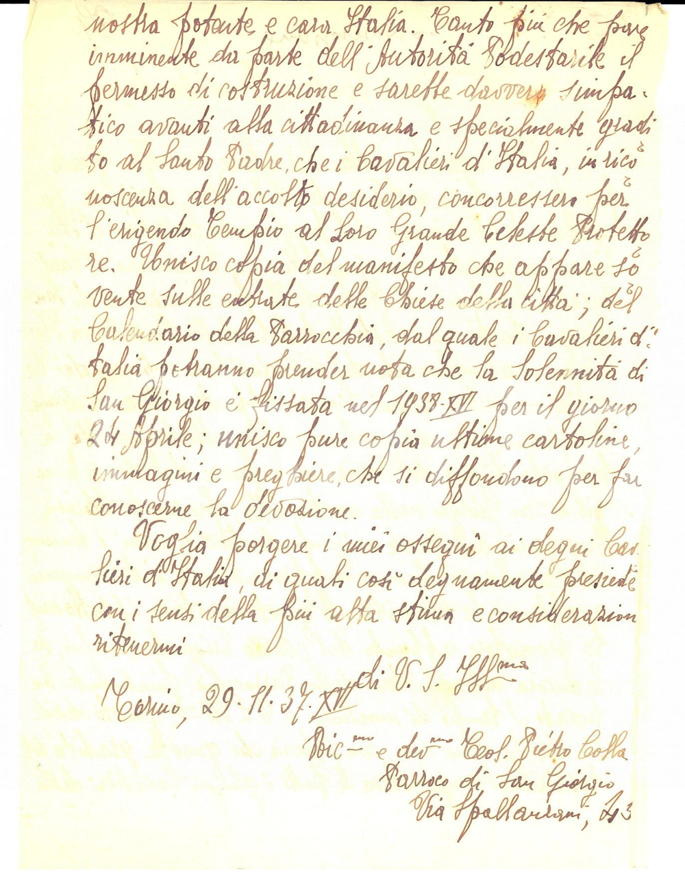 Manoscritto, lettera originale 1937 TORINO Teologo Pietro COLLA pro costruzione nuova chiesa a  SAN GIORGIO 1