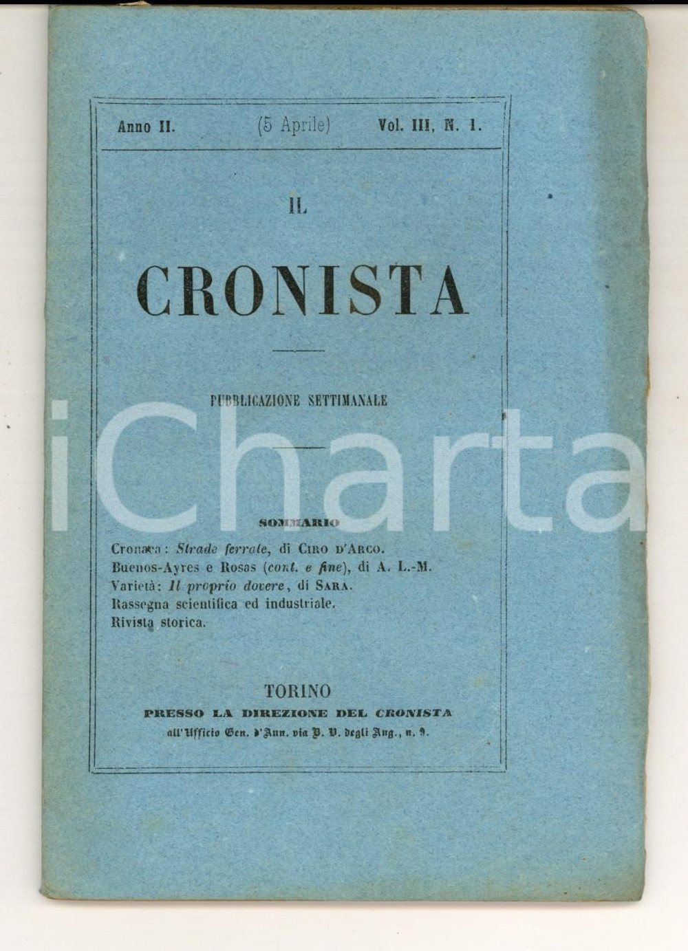 Giornale, rivista storica 1857 IL CRONISTA Pubblicazione CIRO D ARCO Strade ferrate  Anno II vol. III n°1 1