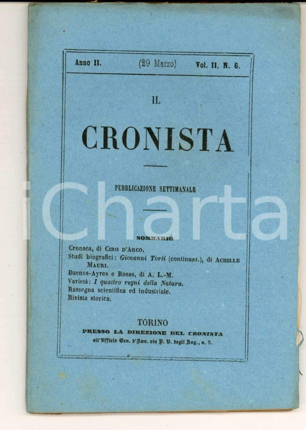 Giornale, rivista storica 1857 IL CRONISTA Pubblicazione CIRO D ARCO BuenosAyres e Rosas Anno II n° 6 1
