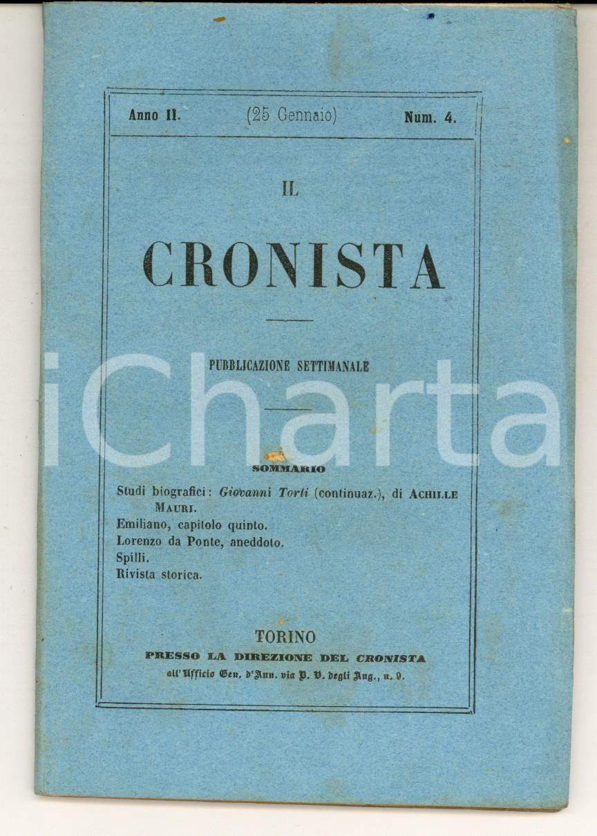 Giornale, rivista storica 1857 IL CRONISTA Pubblicazione CIRO D ARCO  Biografia Giovanni TORTI  MAURI 1