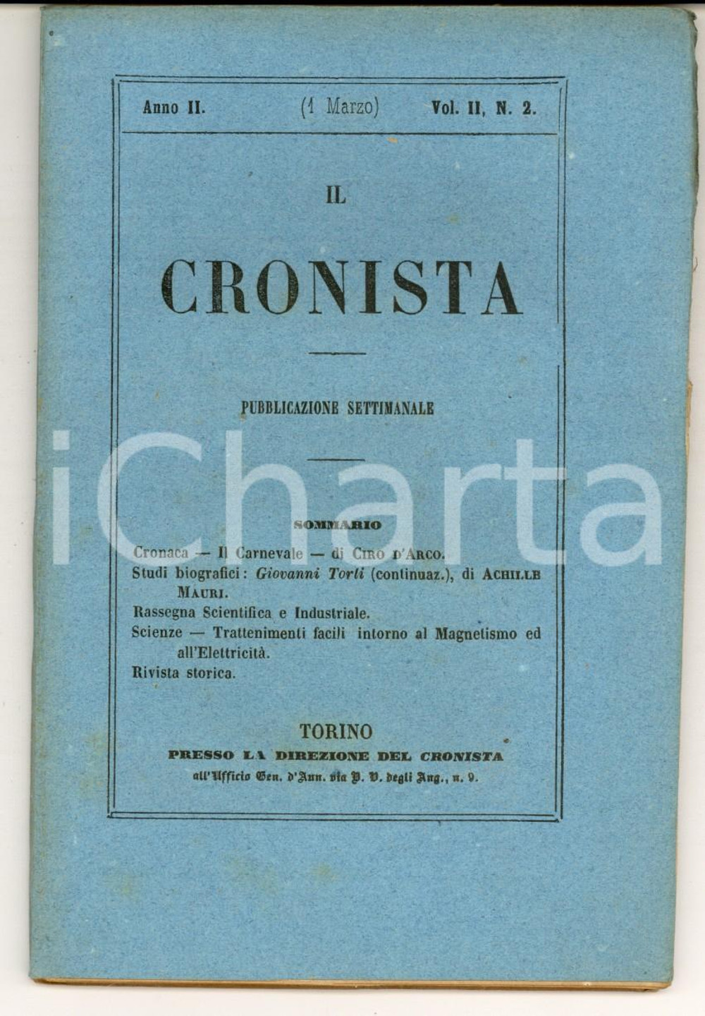 Giornale, rivista storica 1857 IL CRONISTA Pubblicazione di CIRO D ARCO Il Carnevale Anno II vol. II n° 2 1