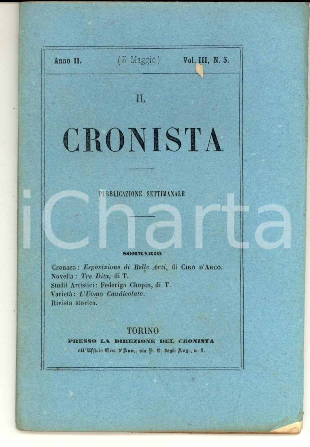 Giornale, rivista storica 1857 IL CRONISTA Pubblicazione CIRO D ARCO Esposizione Belle Arti Anno II n°5 1