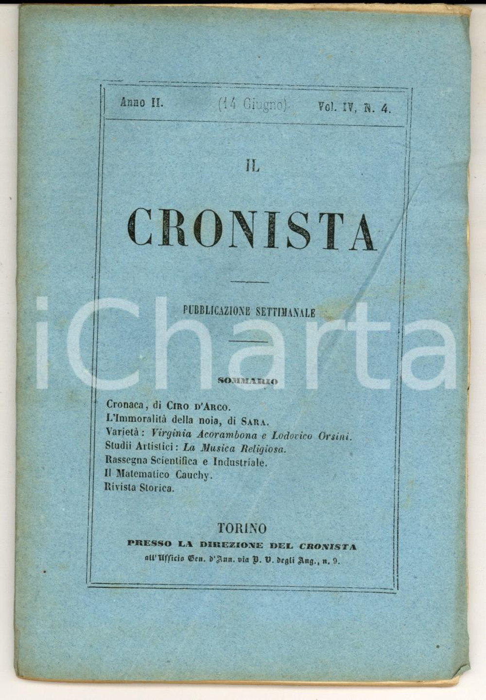 Giornale, rivista storica 1857 IL CRONISTA Pubblicazione CIRO D ARCO L immoralitÃ  della noia  SARA 1