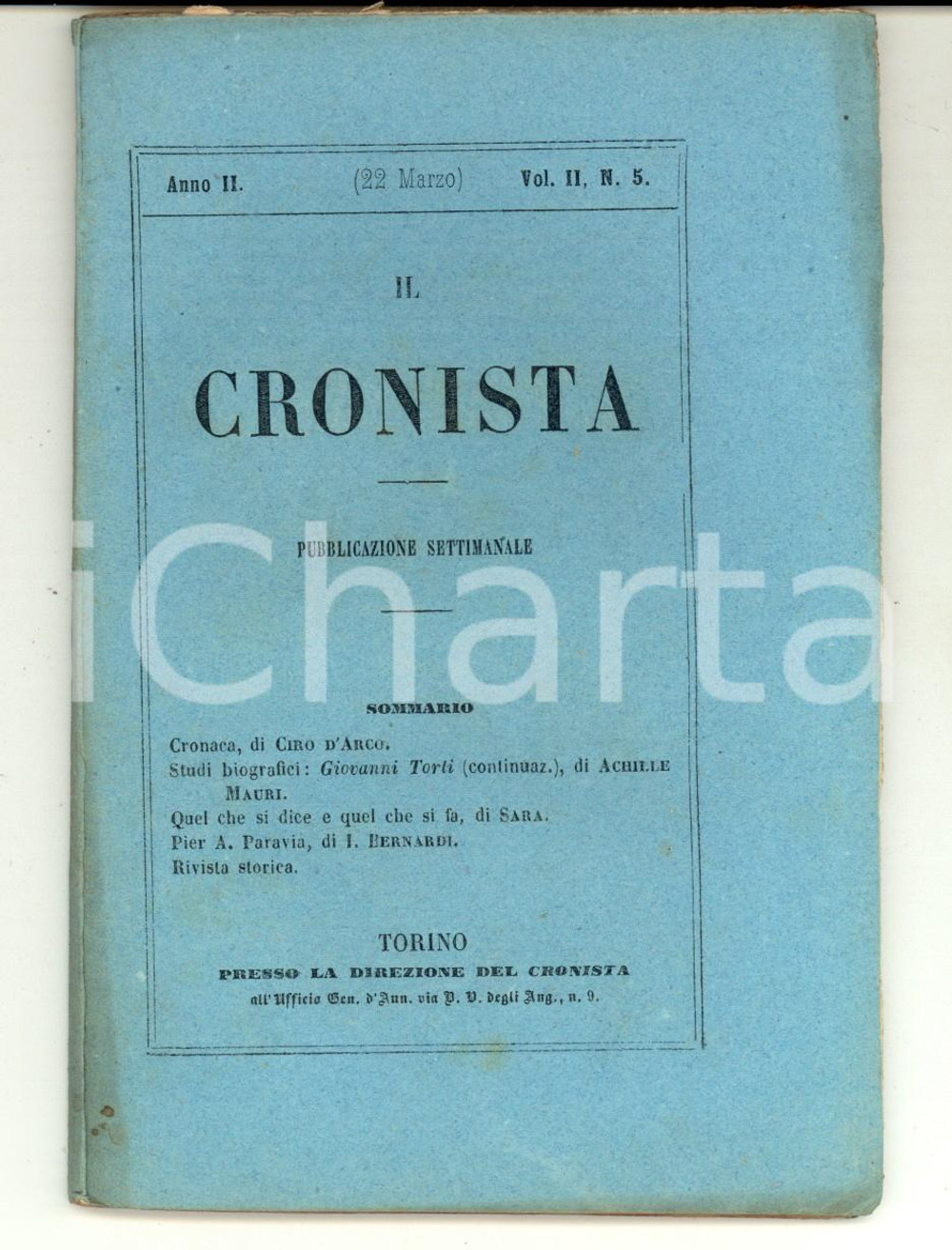Giornale, rivista storica 1857 IL CRONISTA Pubblicazione CIRO D ARCO Giovanni TORTI Anno II n.° 5 1
