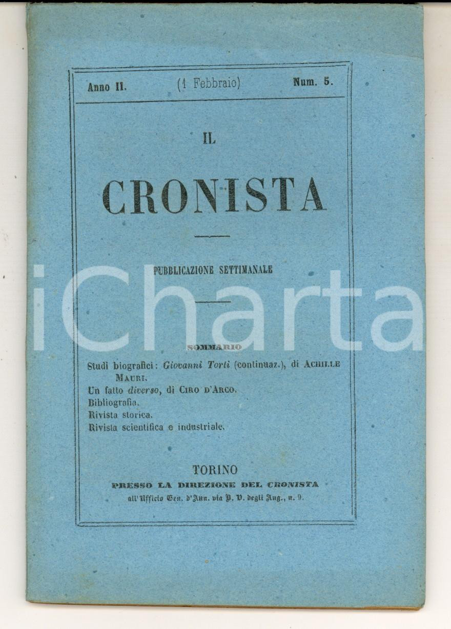 Giornale, rivista storica 1857 IL CRONISTA Pubblicazione CIRO D ARCO Giovanni TORTI  Achille MAURI n° 5 1
