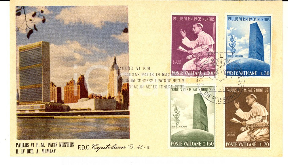 Materiale pubblicitario d’epoca 1965 POSTE VATICANE PAULUS VI P. M. Pacis nuntius Busta annullo PRIMO GIORNO 1